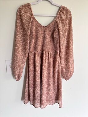 Jessica Simpson Smocked Waist Long Sleeve  Dress in Dusty Rose Leopard Print